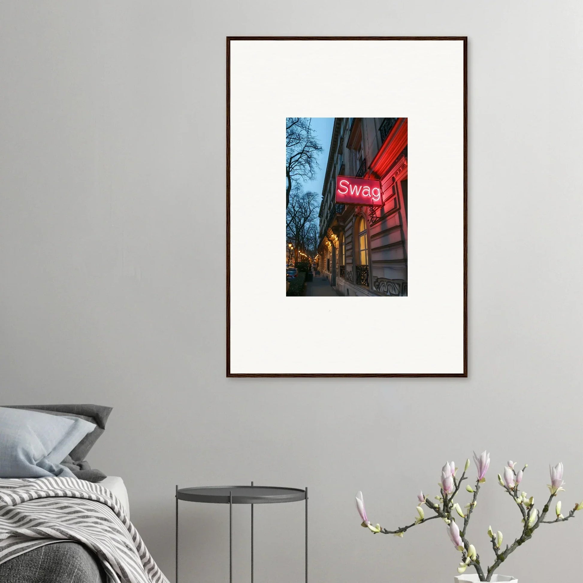 Framed wall art featuring a neon Swag sign at dusk for stylish room decor