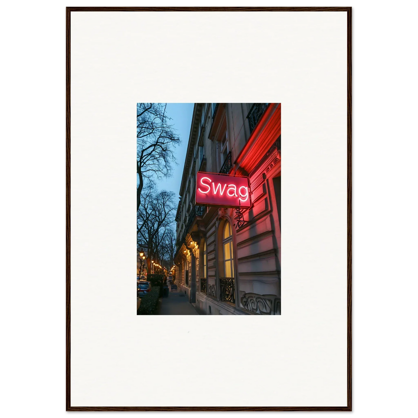 Framed wall art of neon Swag sign on building facade at dusk for eternal whispers room decor