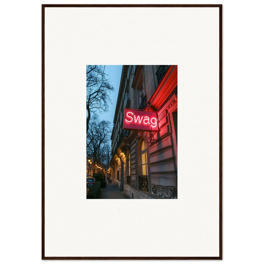 Framed wall art of neon Swag sign on building facade at dusk for eternal whispers room decor