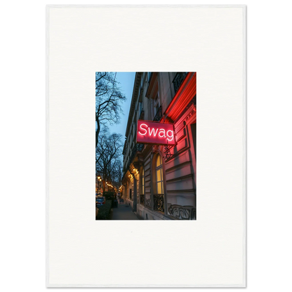 Neon red Swag sign on a building, perfect for Room Decor and Framed Wall Art with Eternal Whispers