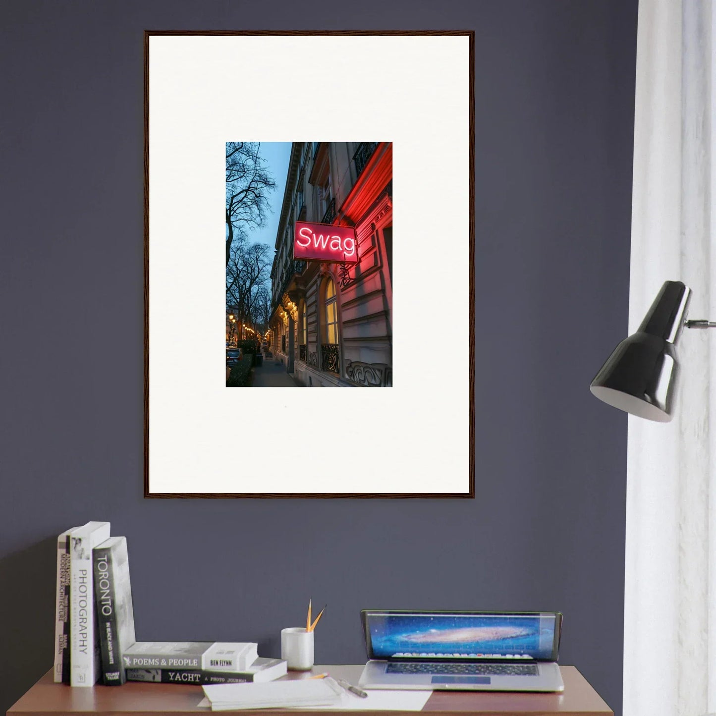 Framed wall art of a red neon Swag sign on a building at dusk for eternal whispers room decor