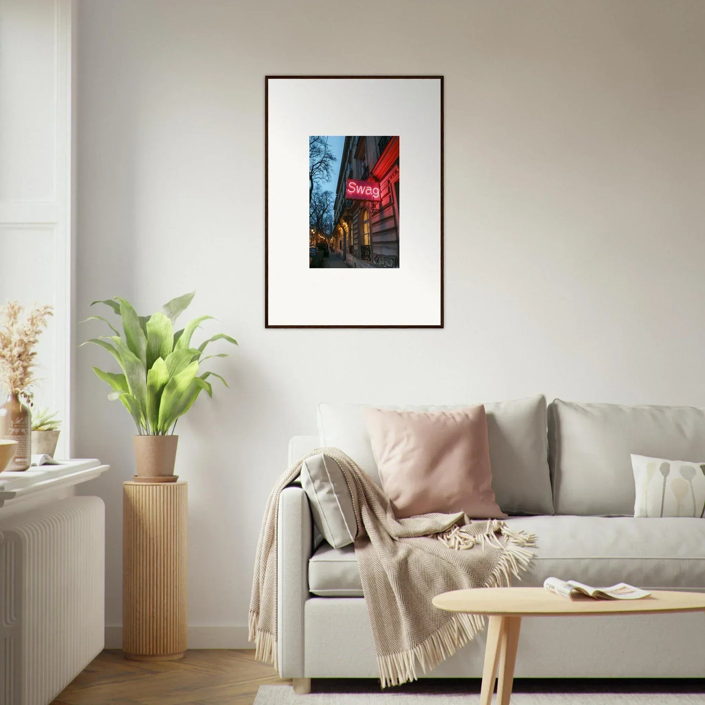 Framed wall art featuring a nighttime urban street scene with eternal whispers in red and blue