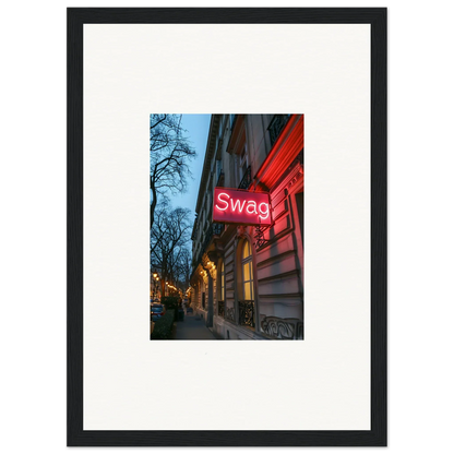 Neon red Swag sign on building facade for stylish room decor and framed wall art