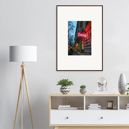 Framed wall art of a city street with a red Swans sign for eternal whispers room decor