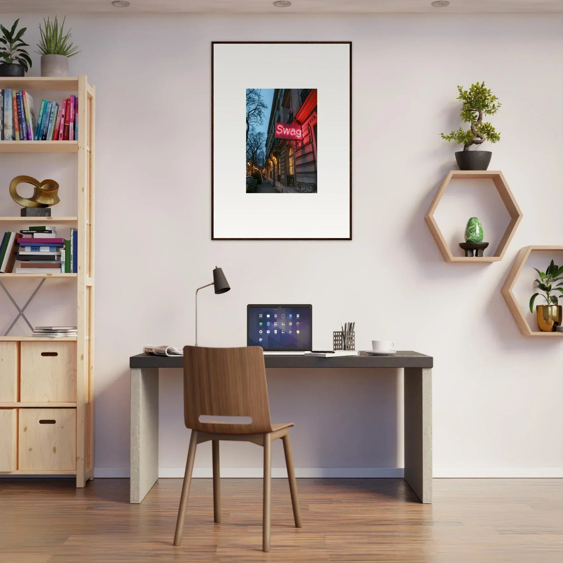 Modern home office with desk, chair, and Eternal Whispers framed wall art decor