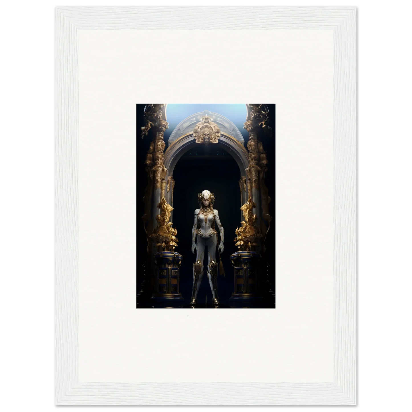 Framed canvas print of a metallic humanoid in an ornate archway, perfect room decoration