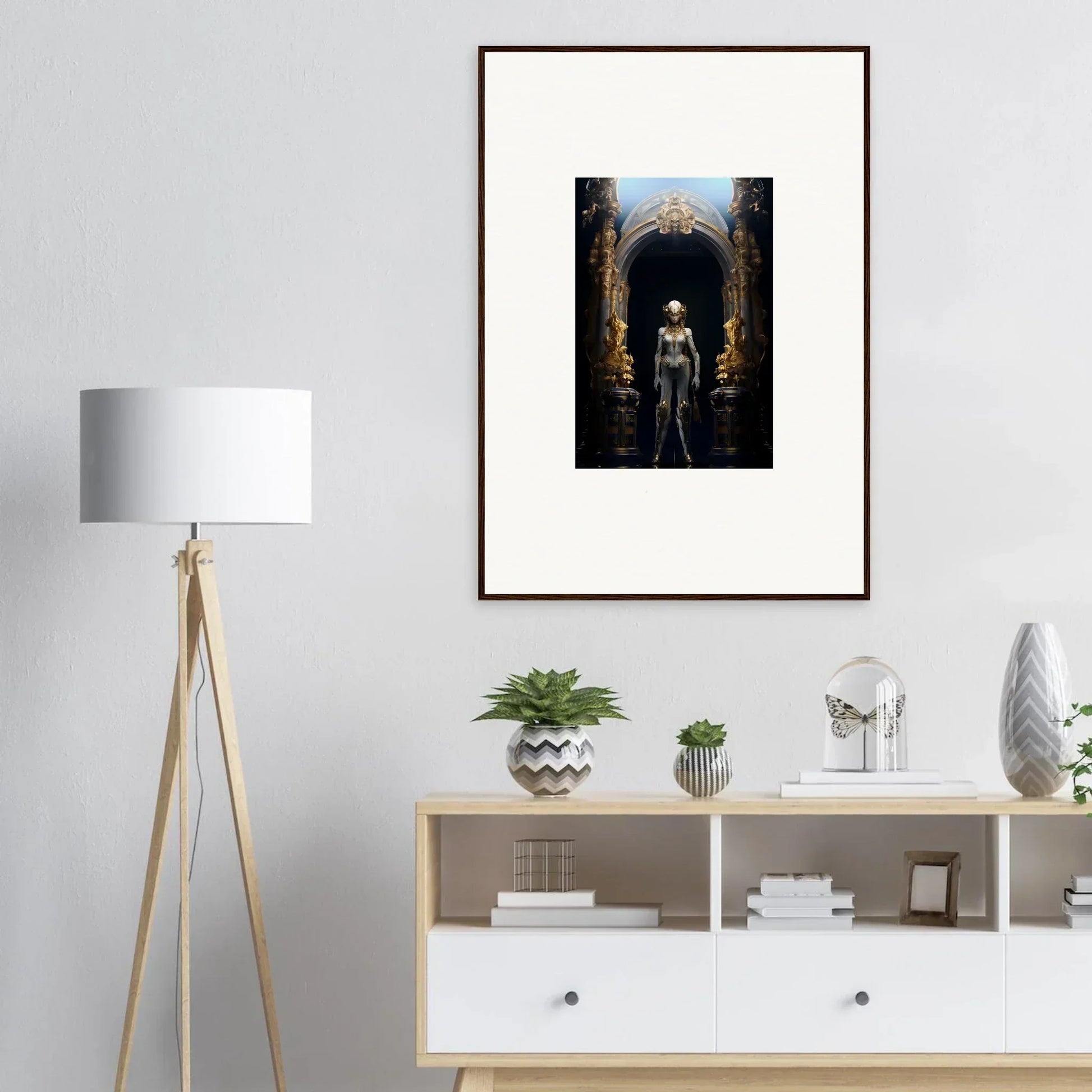 Framed canvas print of a silhouetted figure in an archway for room decoration