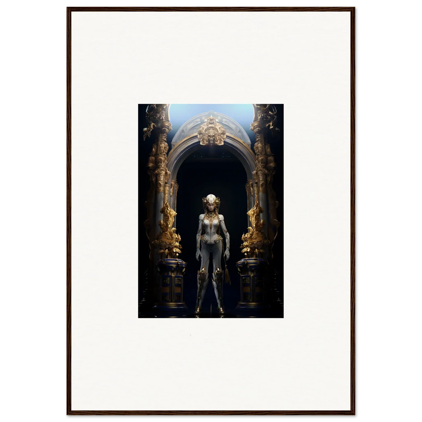 Framed canvas print of a humanoid in an ornate archway for cool room decoration