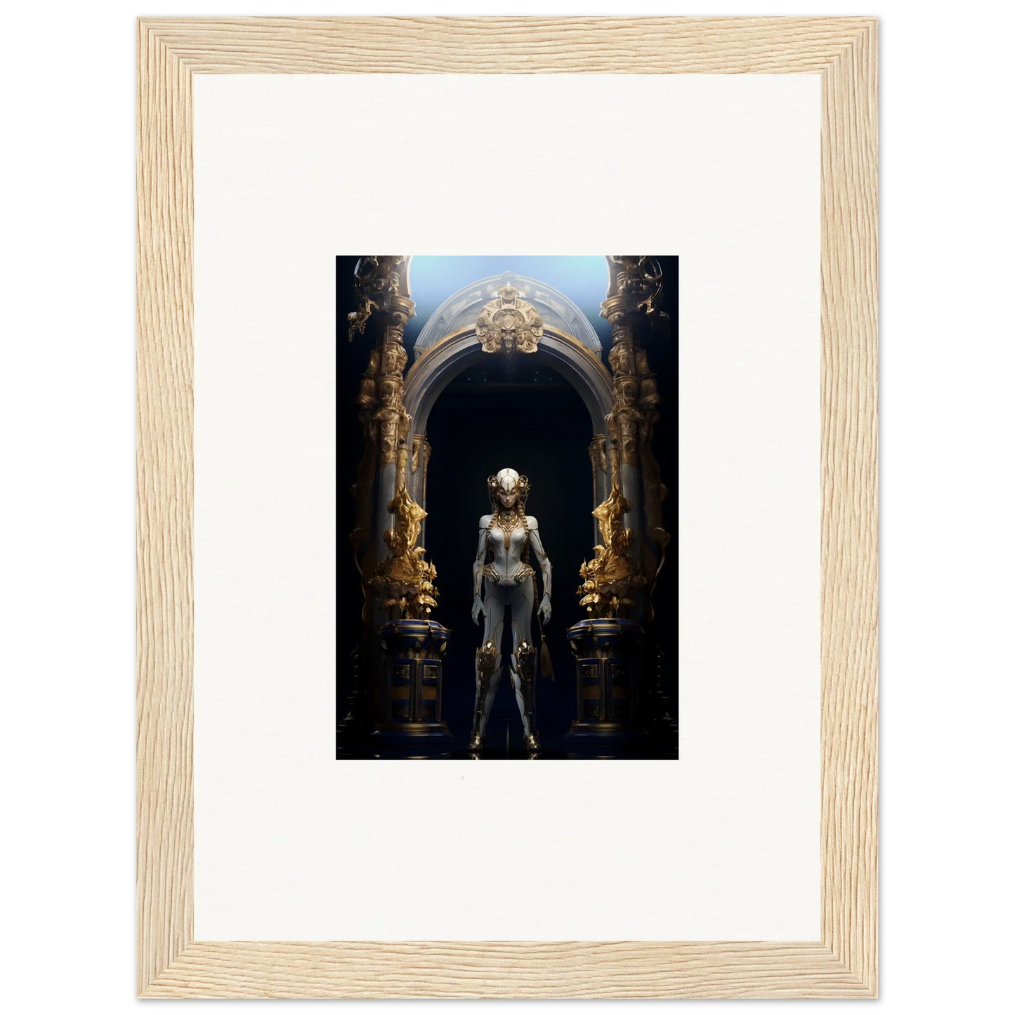 Framed canvas print of a metallic humanoid in an ornate archway for cool room decoration