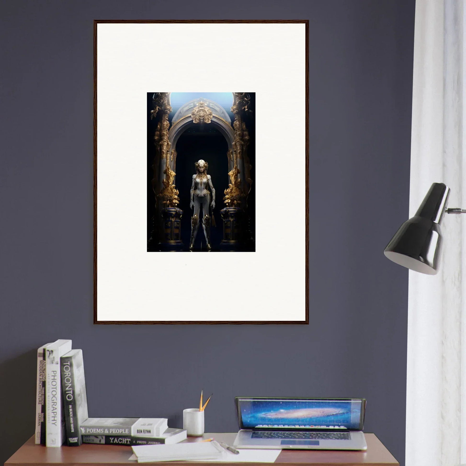 Framed canvas print of a figure at a dark doorway, perfect for Griffinscape Synergy room decoration