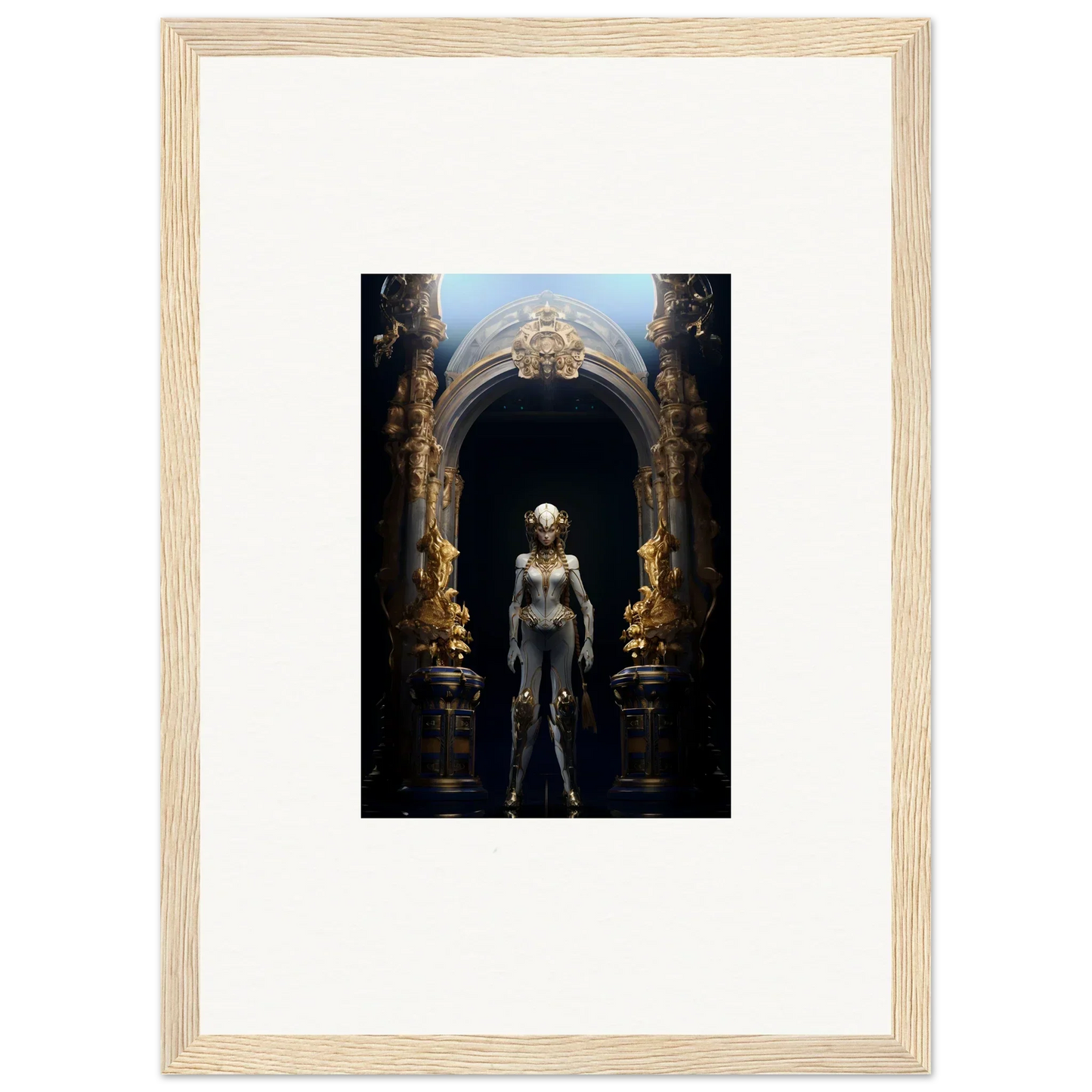 Framed canvas print of a humanoid in an ornate archway for cool Griffinscape Synergy room decoration