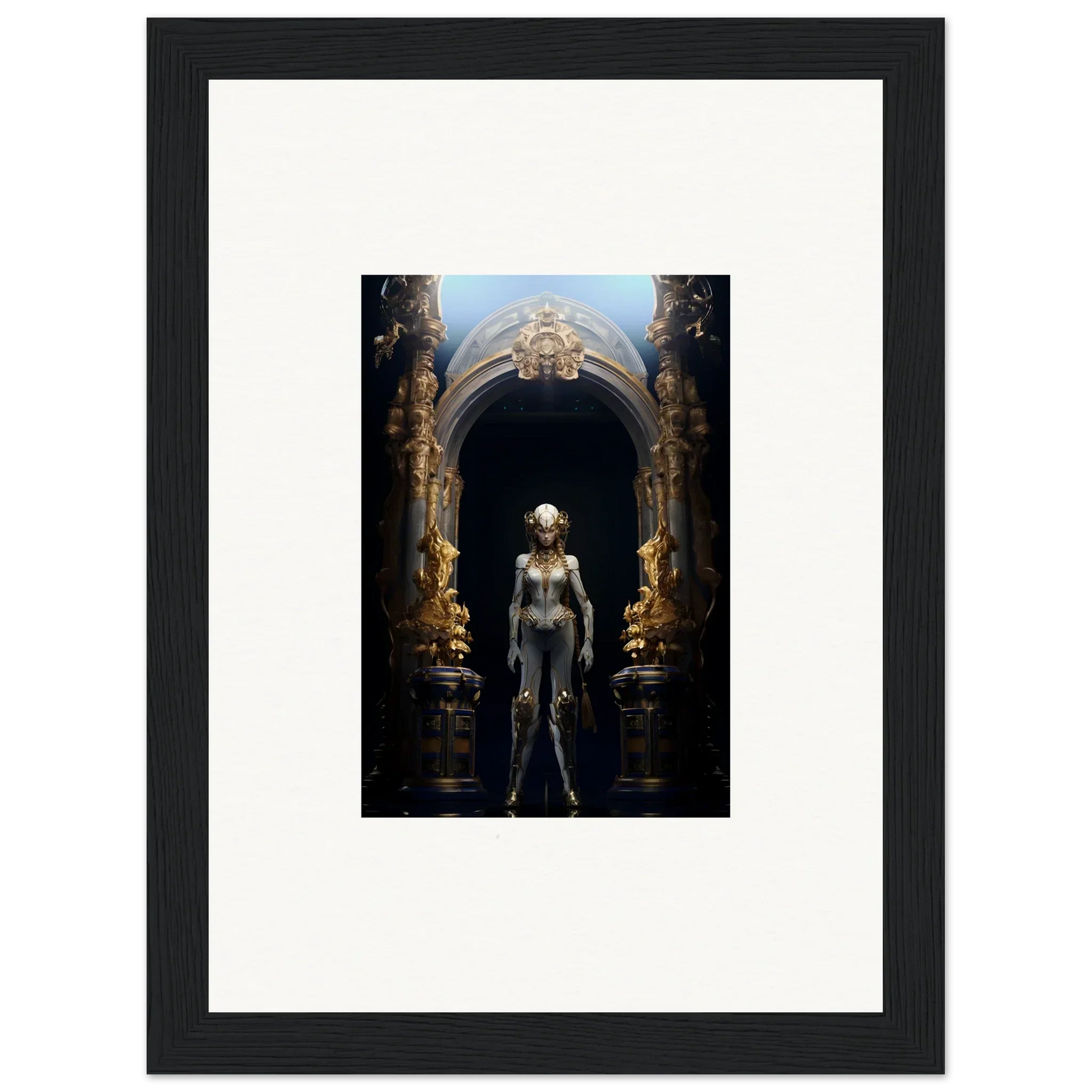 Framed canvas print of a metallic humanoid in an ornate archway for Griffinscape Synergy room decoration