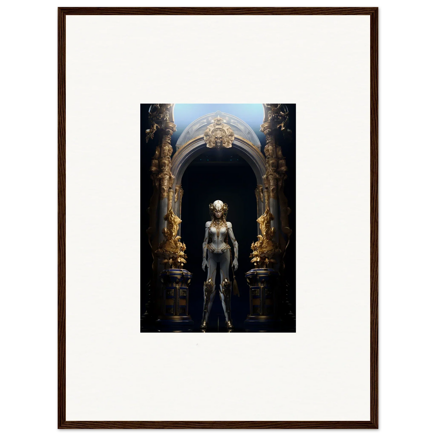 Framed canvas print of a humanoid figure in an ornate archway for room decoration