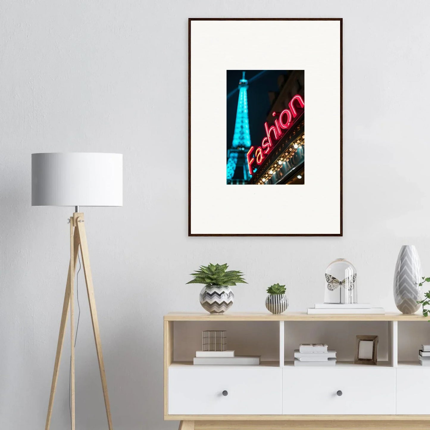 Framed photograph of the Eiffel Tower and neon Fashion sign for trendy room decoration