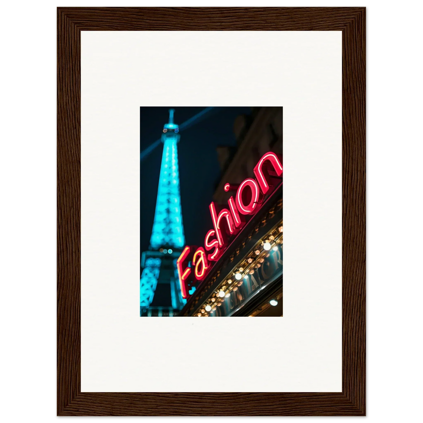 Framed canvas print of the Eiffel Tower with a neon Fashion sign for cool room decoration