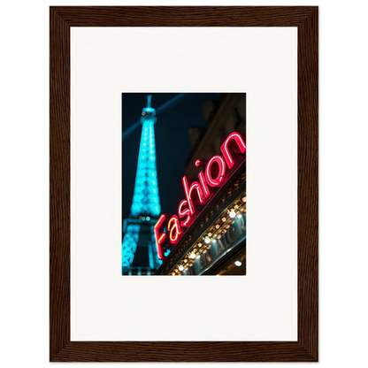 Framed canvas print of the Eiffel Tower with a neon Fashion sign for cool room decoration