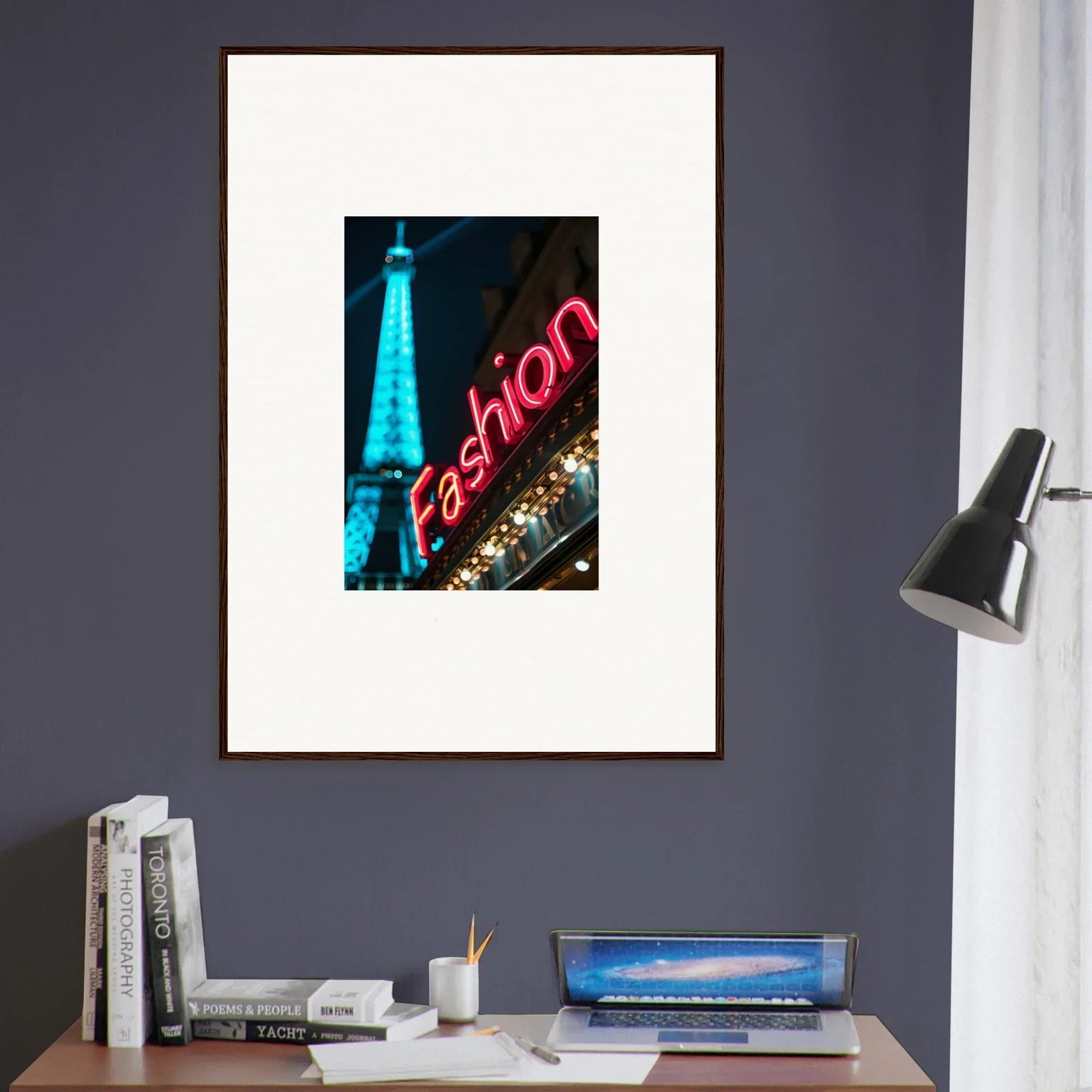 Framed canvas print of Eiffel Tower with neon Fashion sign, perfect for room decoration