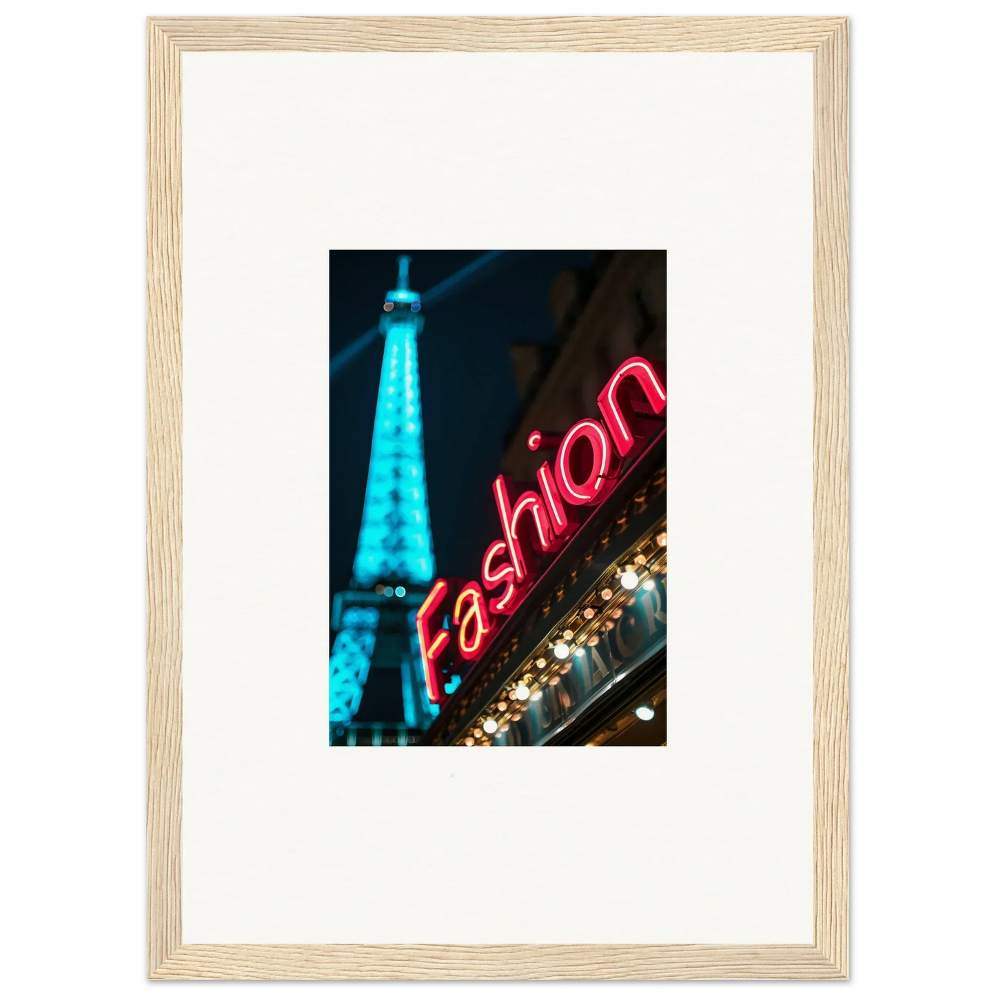 Framed canvas print of the Eiffel Tower with a neon Fashion sign for trendy room decoration