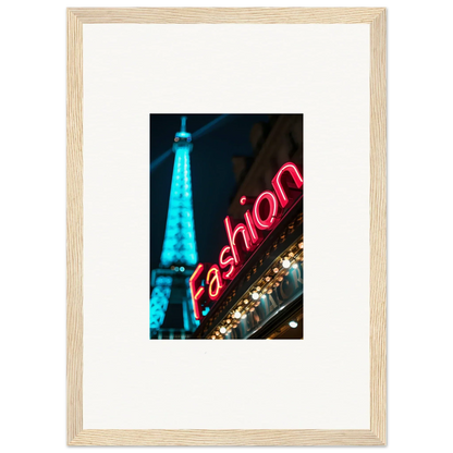 Framed canvas print of the Eiffel Tower with a neon Fashion sign for trendy room decoration