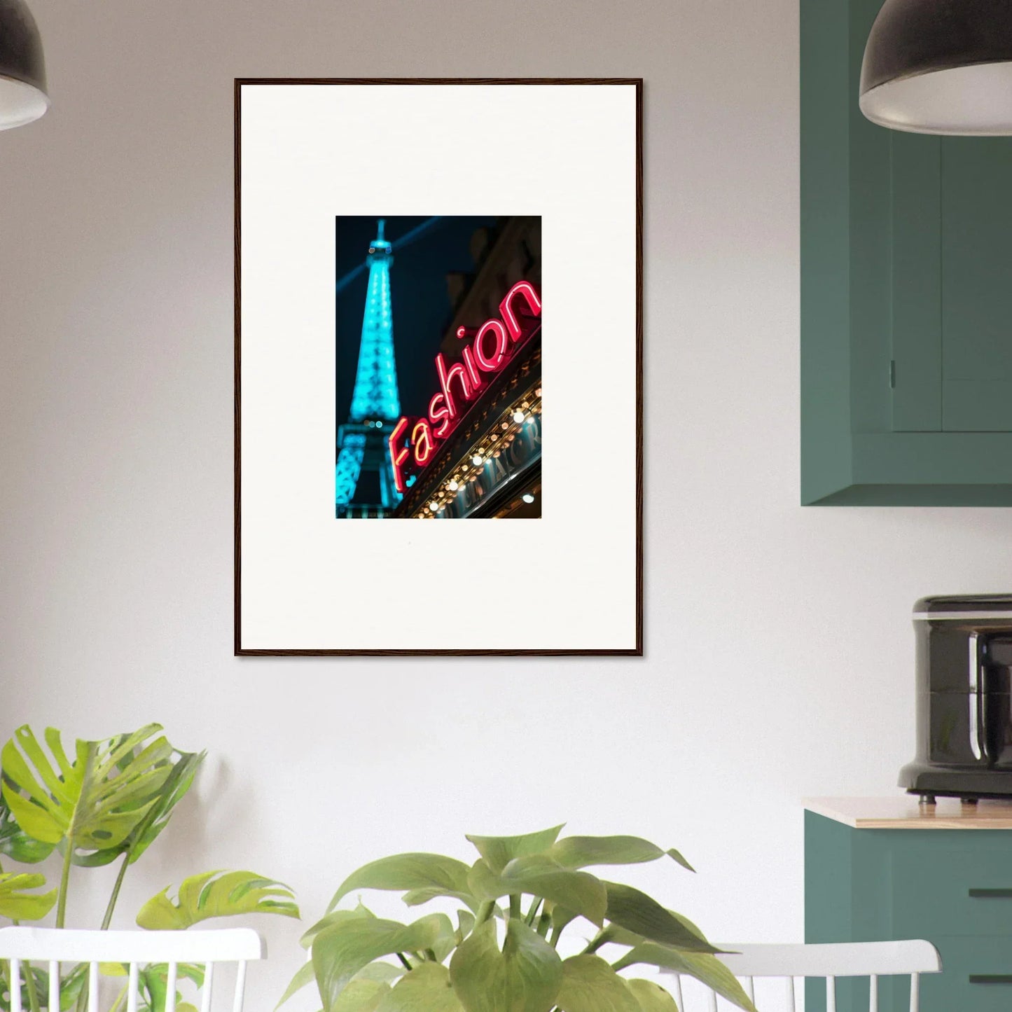 Framed canvas print of Eiffel Tower with neon Fashion sign for trendy room decoration