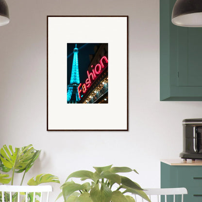 Framed canvas print of Eiffel Tower with neon Fashion sign for trendy room decoration