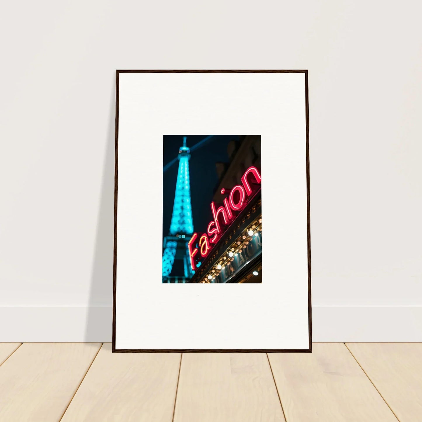 Framed canvas print of the Eiffel Tower and neon Fashion sign for stylish room decoration