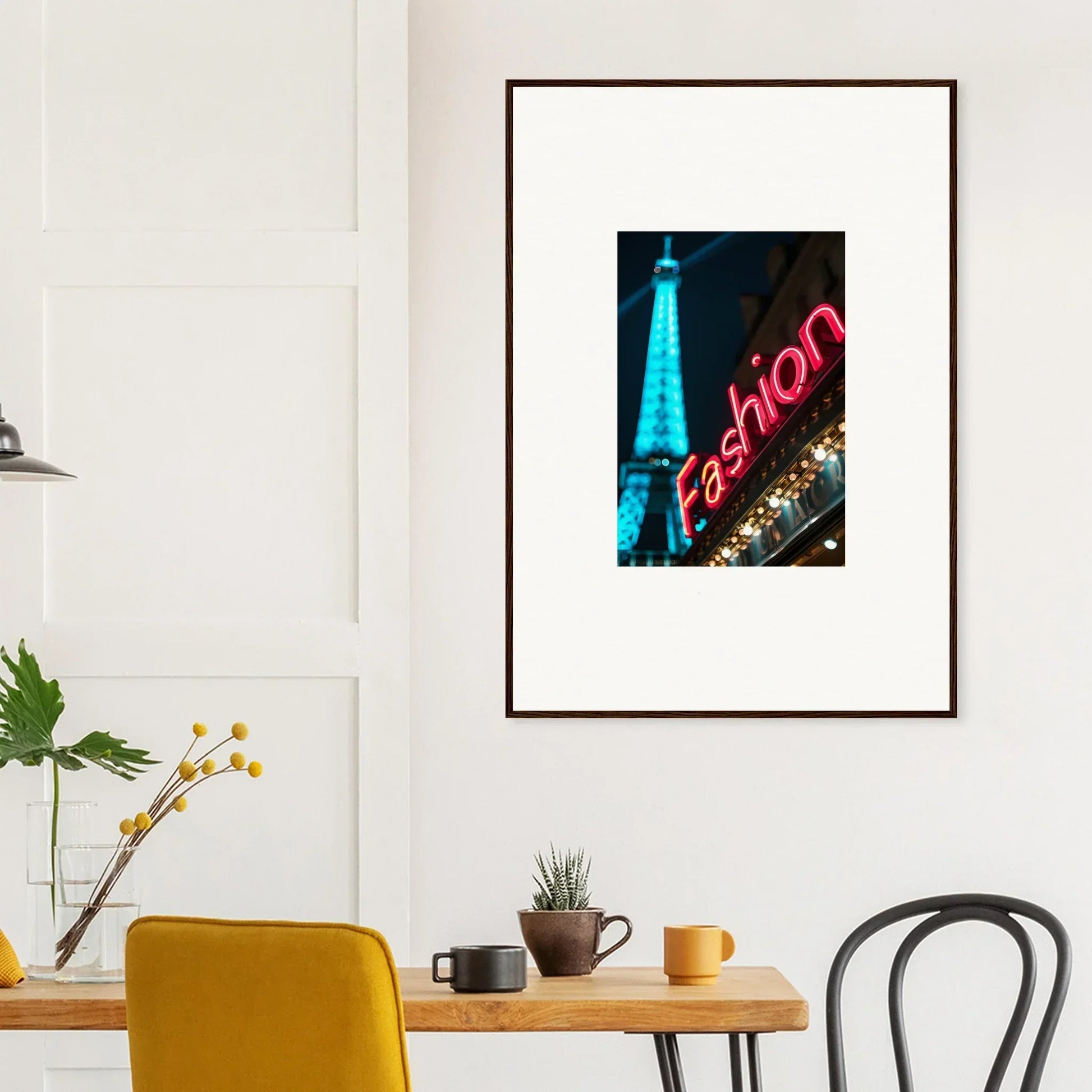 Framed canvas print of Eiffel Tower in blue light with neon Fashion sign for room decoration