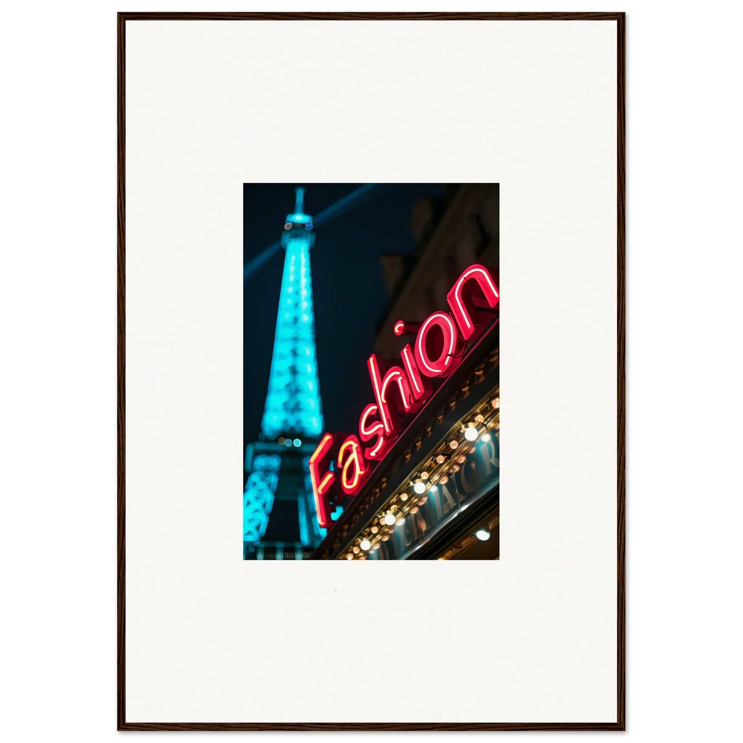 Framed Eiffel Tower photo with neon fashion sign, perfect for Moss Epiphany room decoration