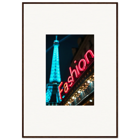 Framed Eiffel Tower photo with neon fashion sign, perfect for Moss Epiphany room decoration