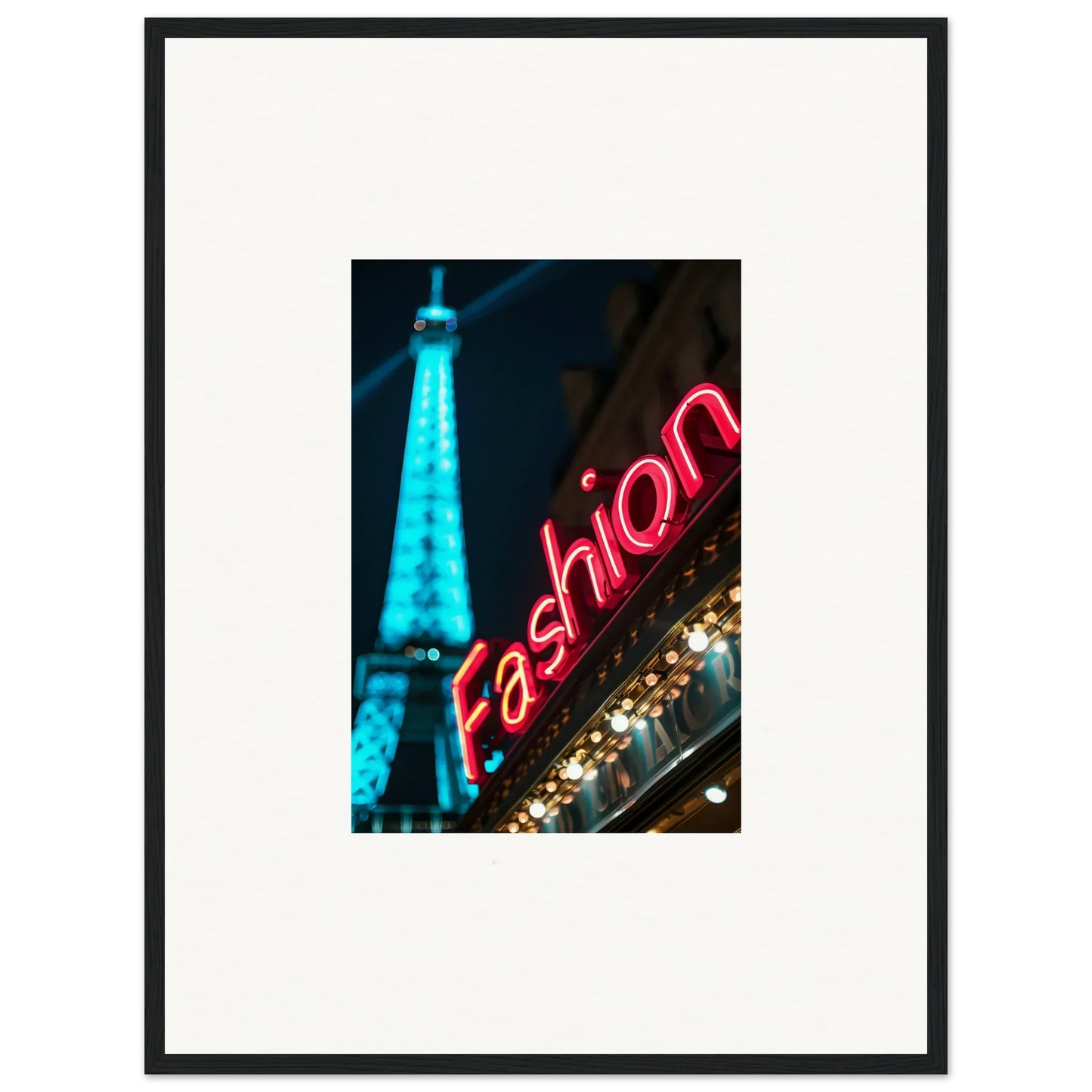 Framed Eiffel Tower photo with neon Fashion sign, perfect for your Moss Epiphany room decoration