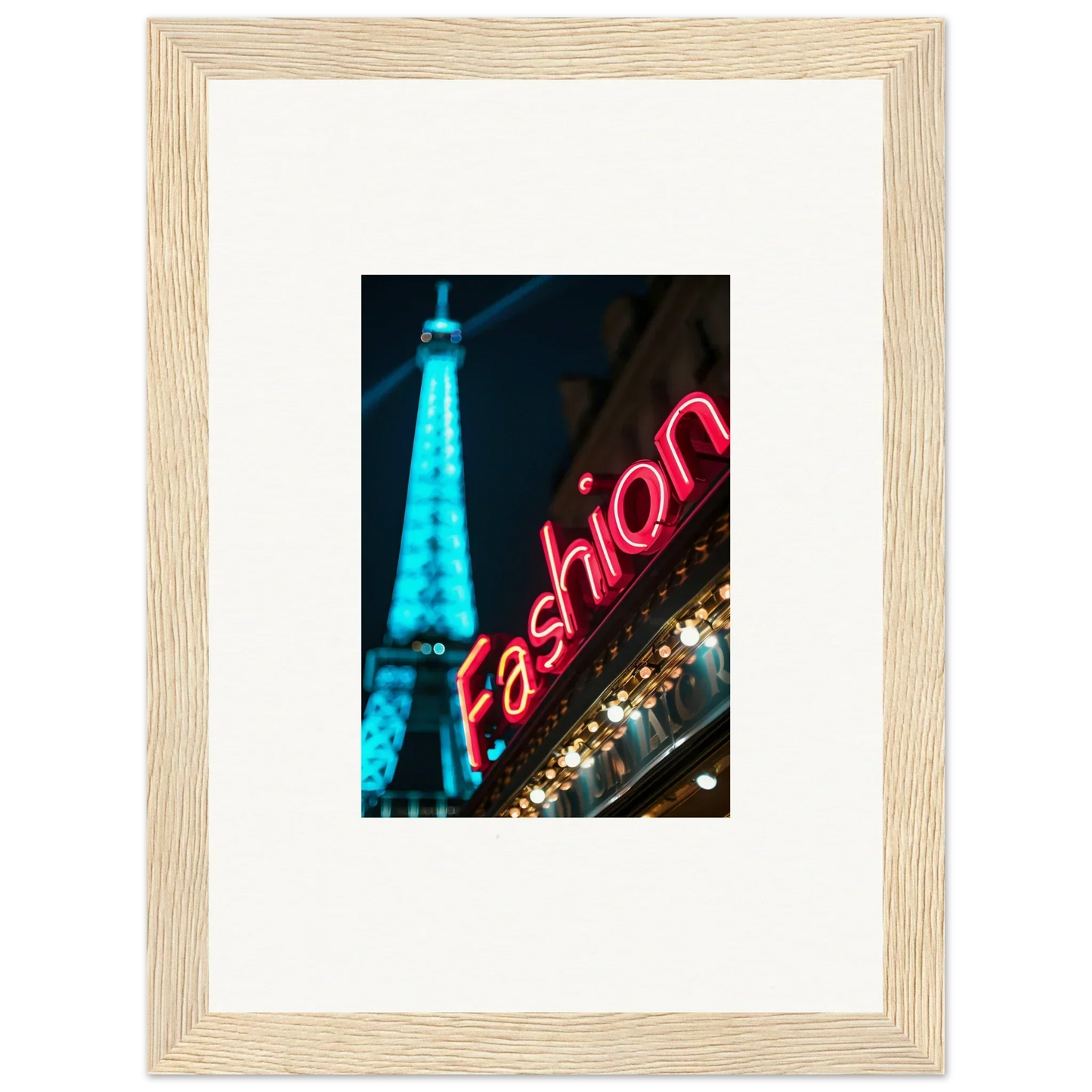 Framed canvas print of the Eiffel Tower and neon Fashion sign for room decoration