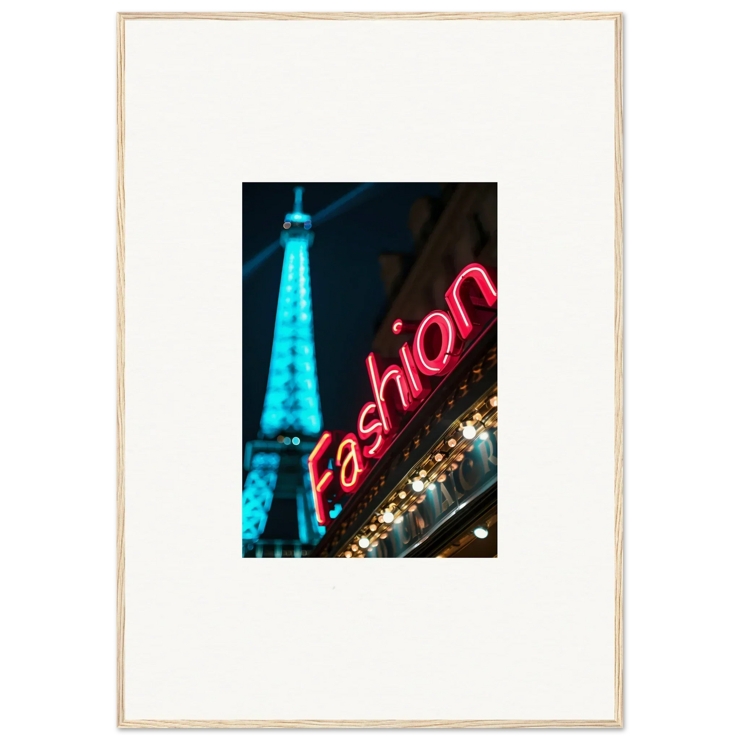 Framed canvas print of the Eiffel Tower with a neon fashion sign for room decoration