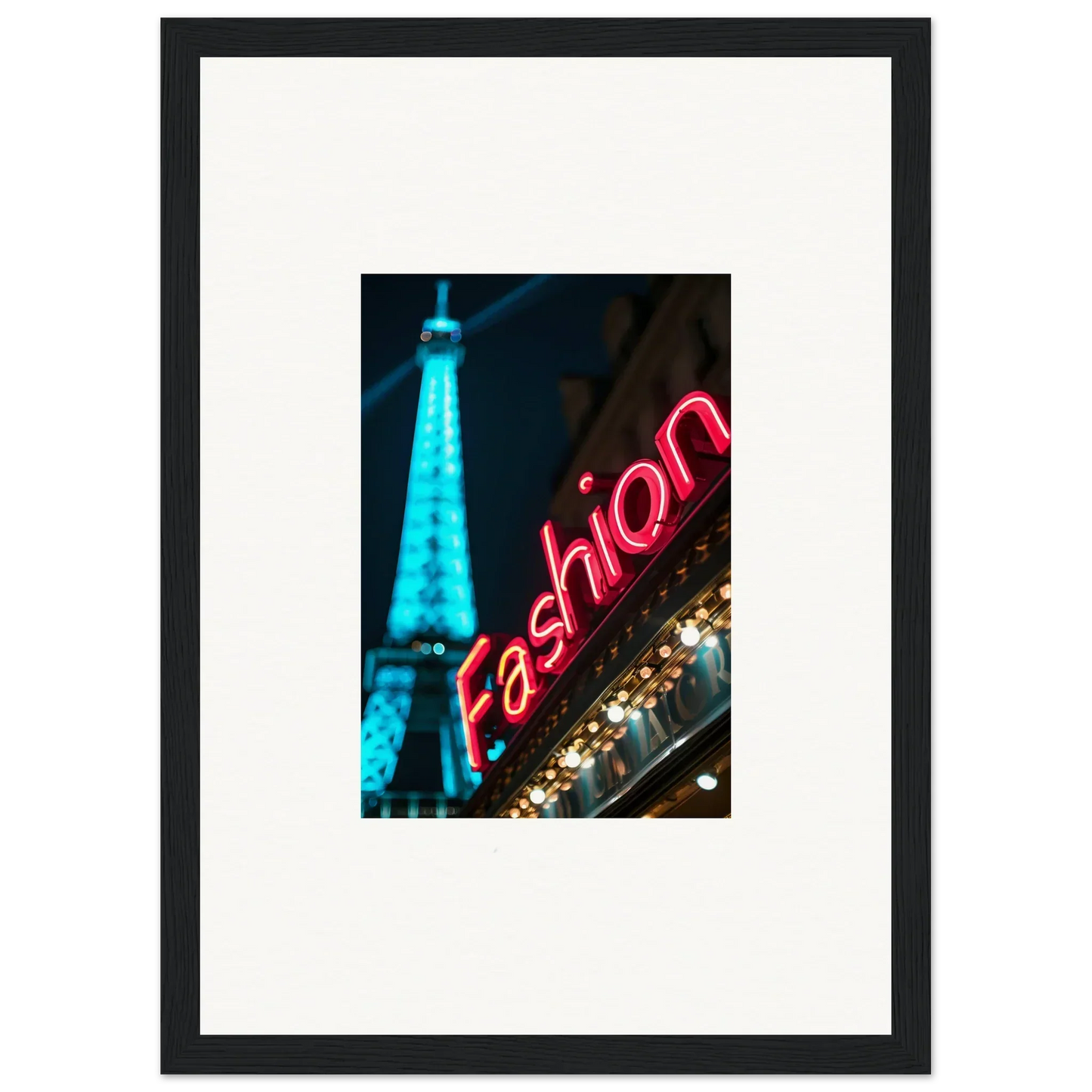 Framed photograph of the Eiffel Tower with a neon Fashion sign for cool room decoration