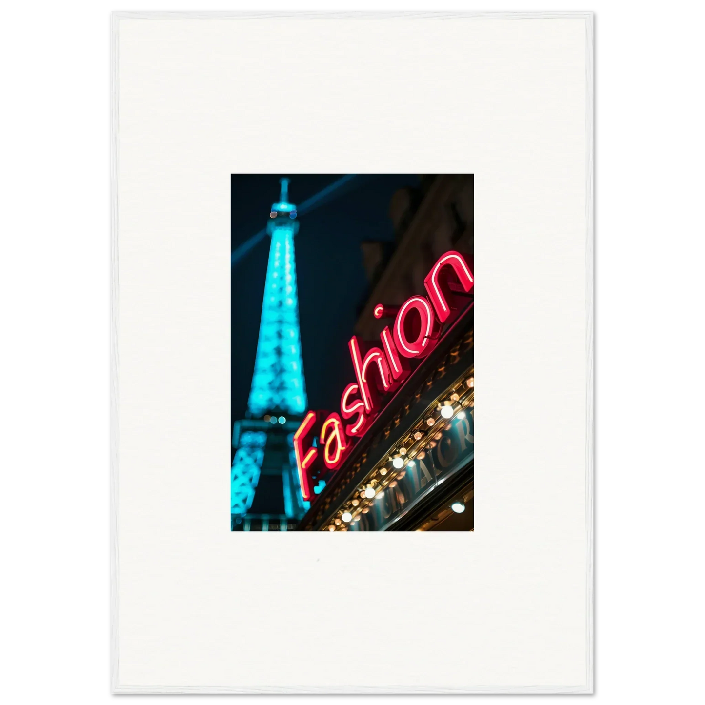 Neon sign saying fashion with blue Eiffel Tower, perfect for Moss Epiphany room decoration