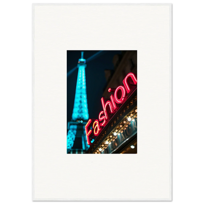 Neon sign saying fashion with blue Eiffel Tower, perfect for Moss Epiphany room decoration