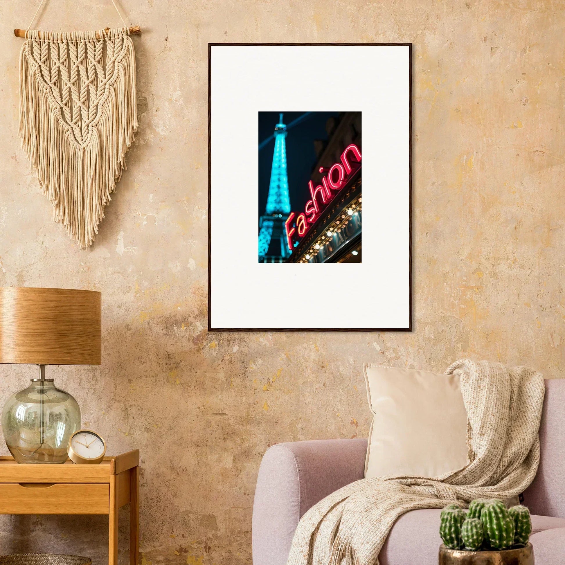 Framed canvas print of the Eiffel Tower with a neon Fashion sign for trendy room decoration