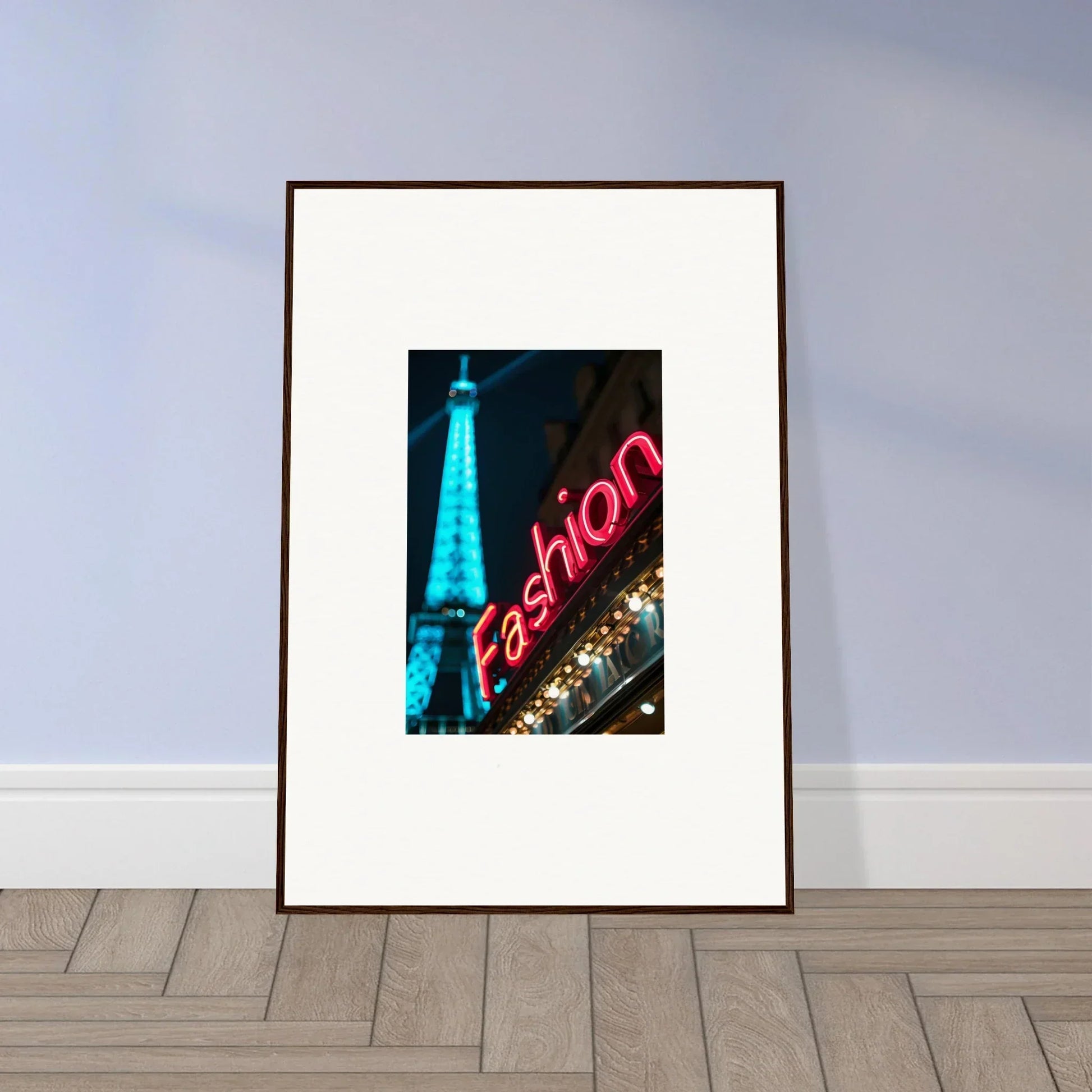 Framed neon Fashion sign with illuminated Eiffel Tower, perfect for moss epiphany room decoration