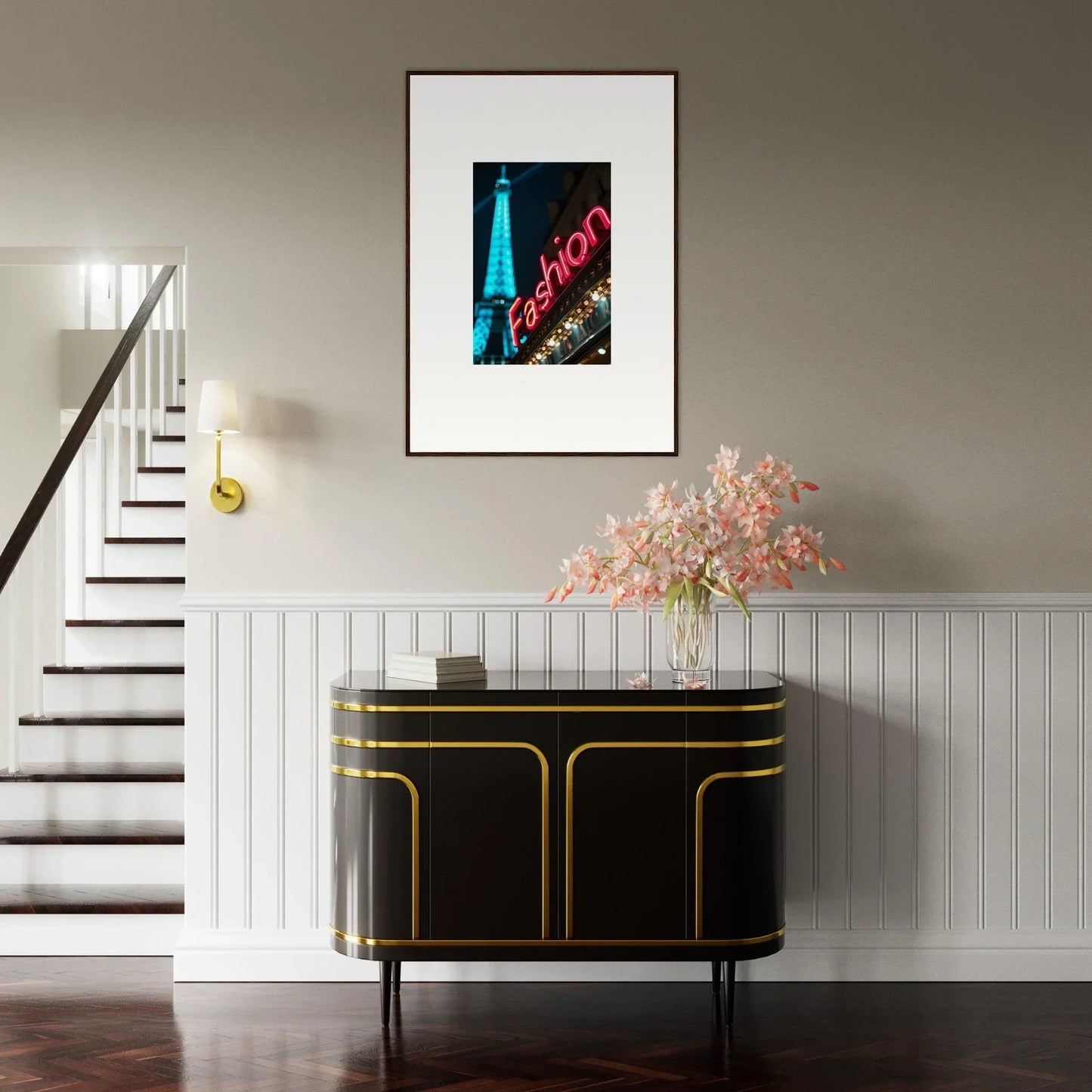 Framed Moss Epiphany photo of a neon sign and Eiffel Tower above a chic black sideboard