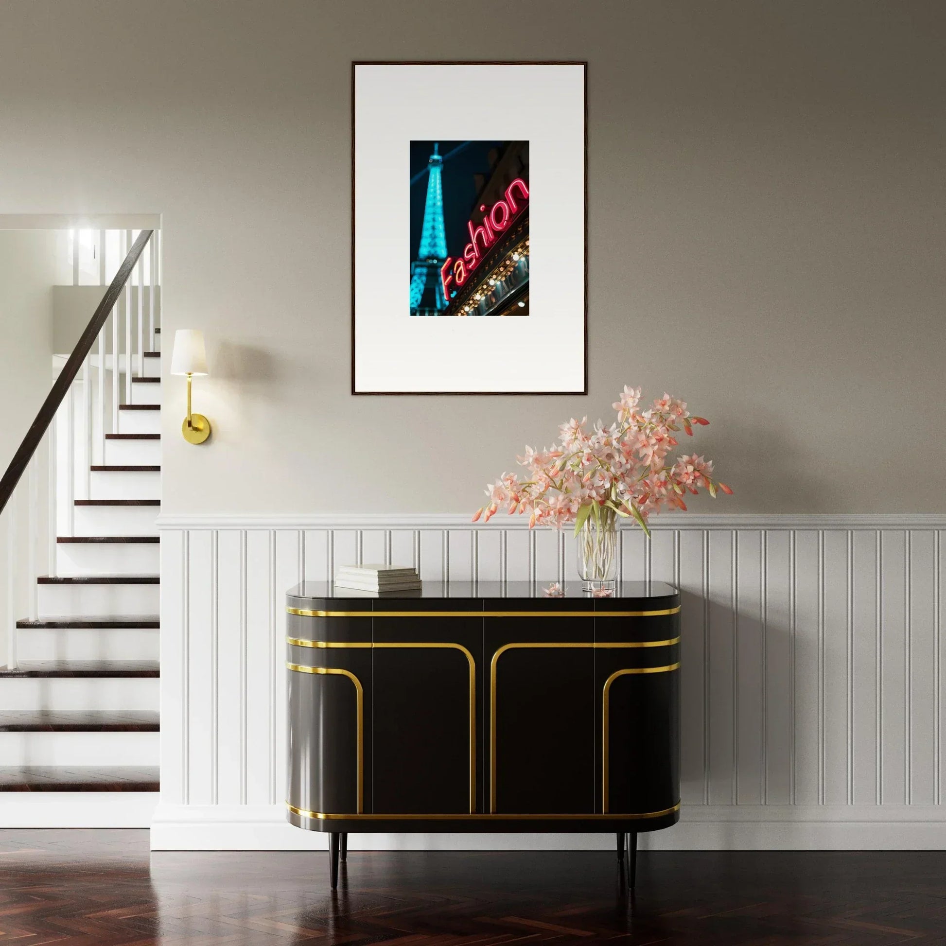 Framed Moss Epiphany photo of a neon sign and Eiffel Tower above a chic black sideboard