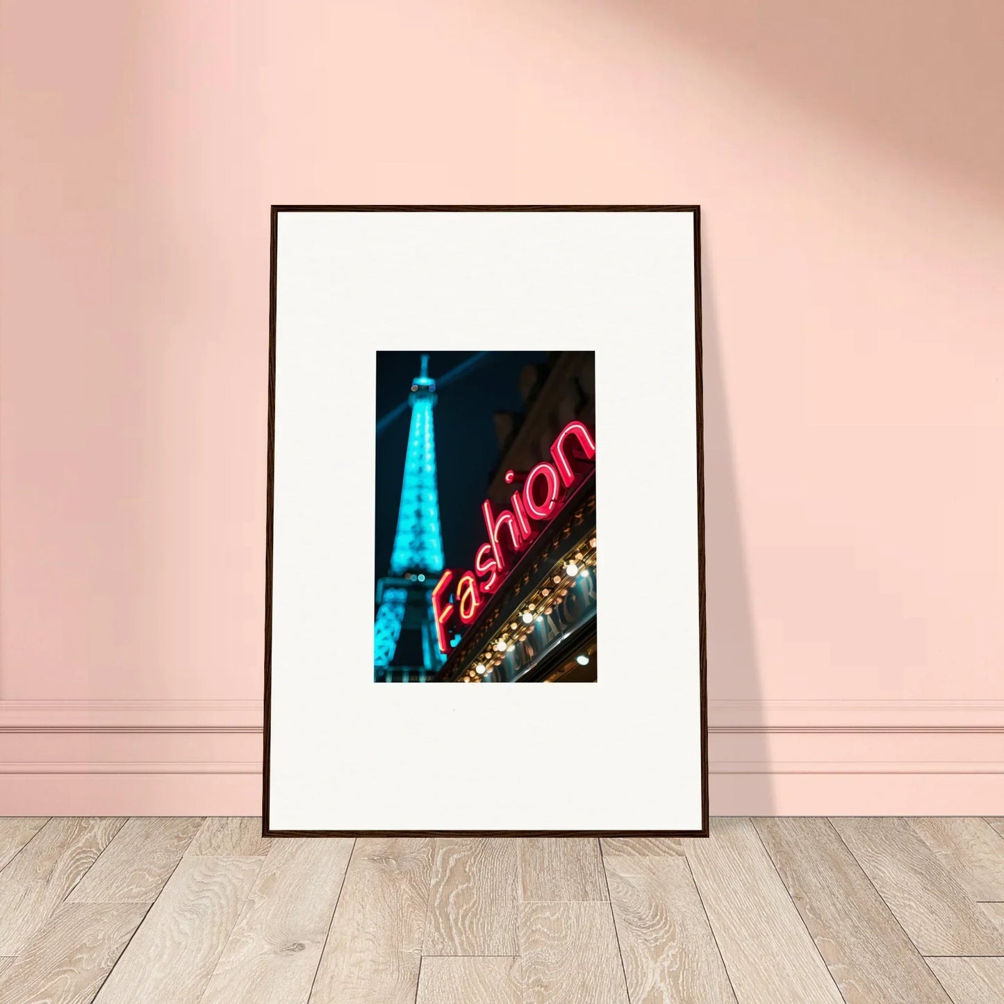 Framed canvas print with Eiffel Tower and neon Fashion sign for stylish room decoration