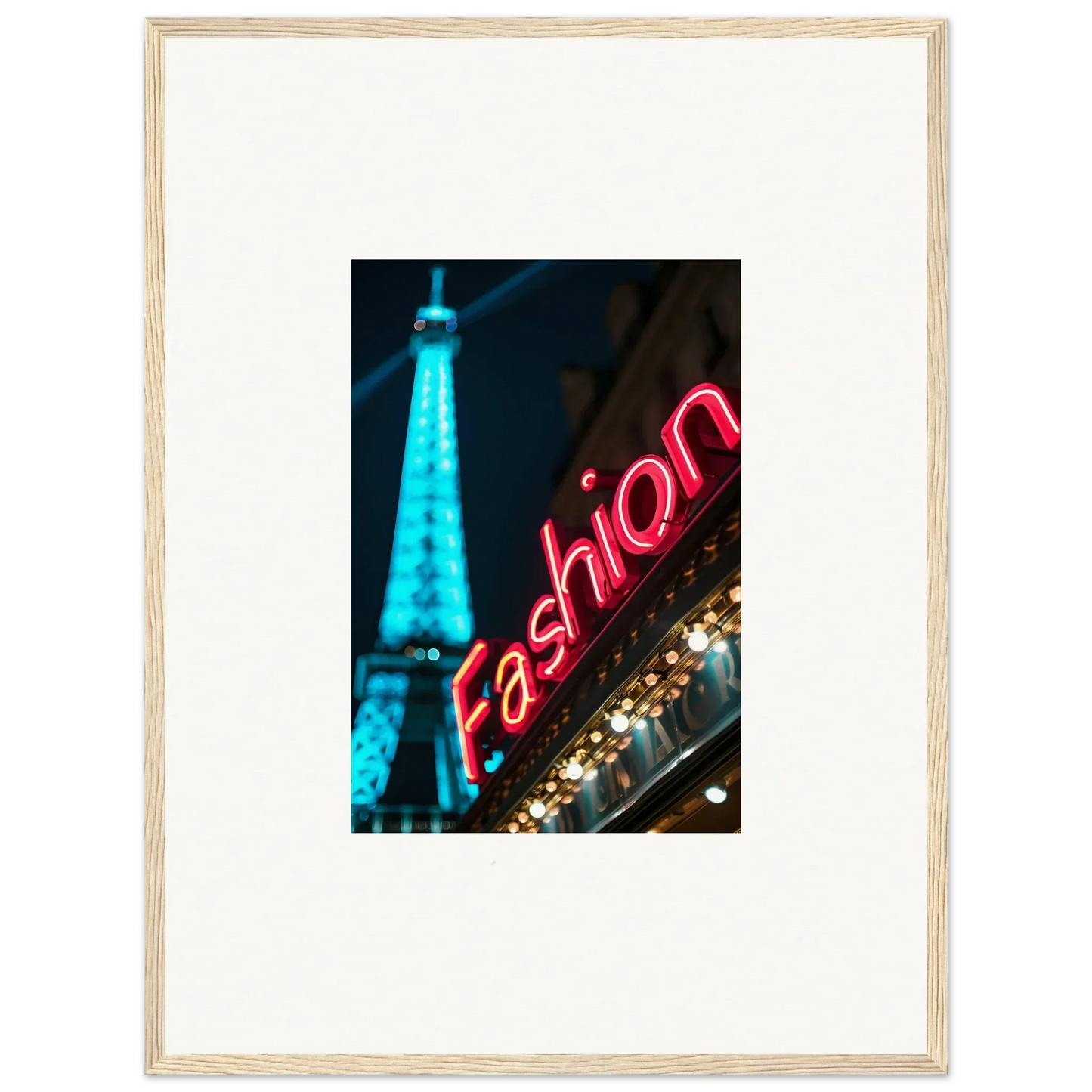 Eiffel Tower and neon Fashion sign at night, perfect for a Moss Epiphany wall art look