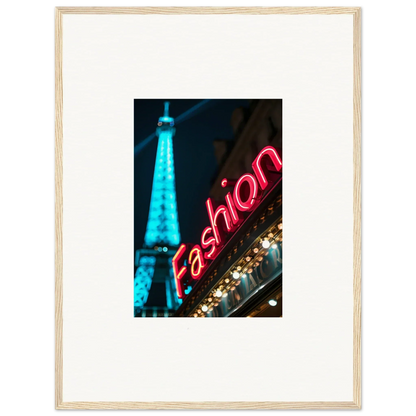 Eiffel Tower and neon Fashion sign at night, perfect for a Moss Epiphany wall art look