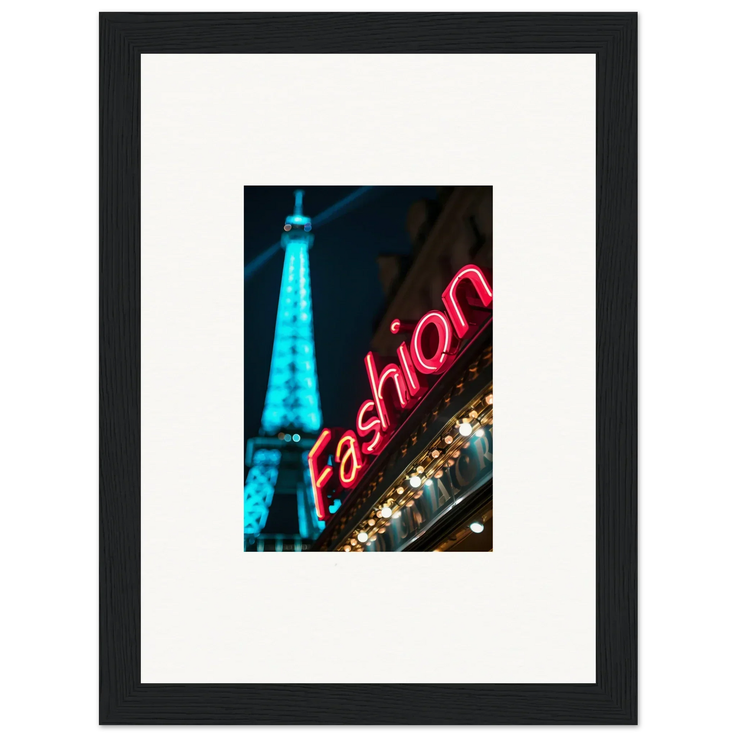 Framed Eiffel Tower photo with neon Fashion sign, perfect for Room Decoration or Canvas Print