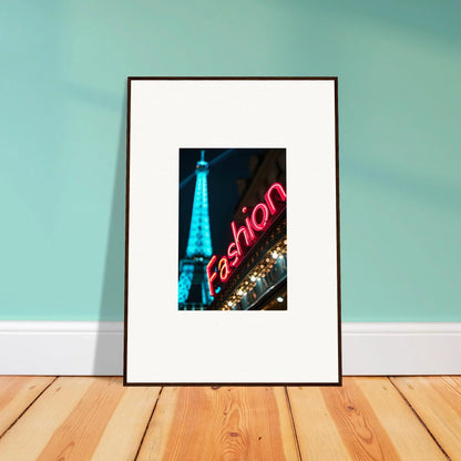 Framed photograph of the Eiffel Tower and Fashion neon sign, perfect for moss epiphany room decoration