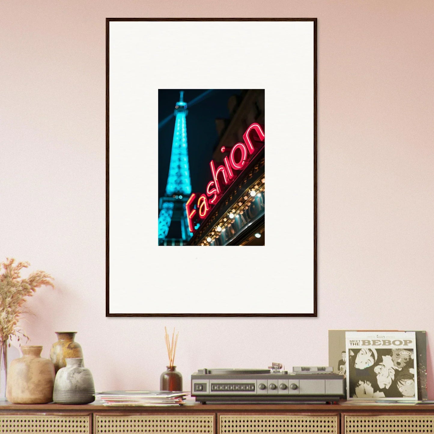 Framed night photo of the Eiffel Tower with neon Fashion sign for stylish room decoration