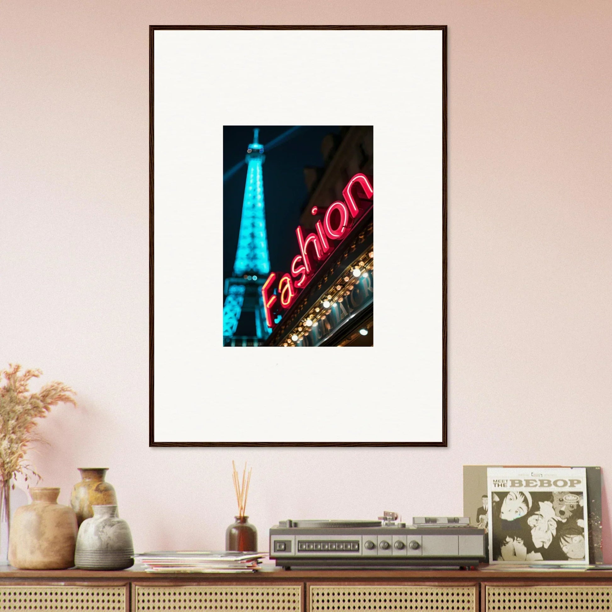 Framed night photo of the Eiffel Tower with neon Fashion sign for stylish room decoration