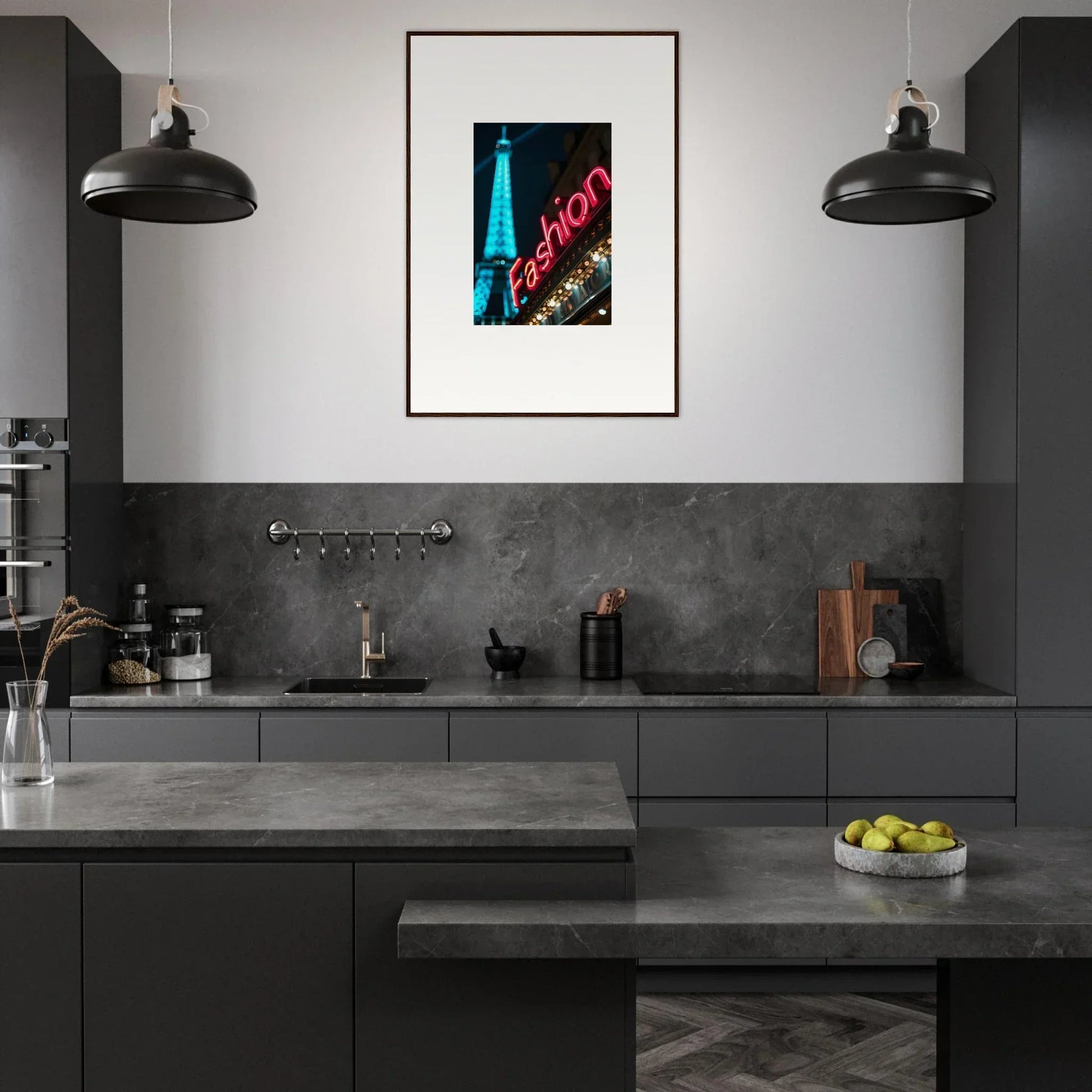 Modern dark gray kitchen featuring Moss Epiphany canvas print as a vibrant focal point