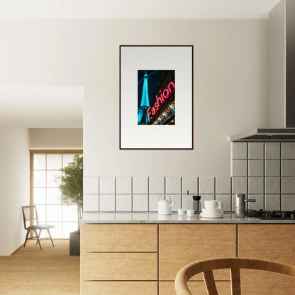 Framed photograph of the Eiffel Tower with neon for cool Room Decoration, Moss Epiphany vibe