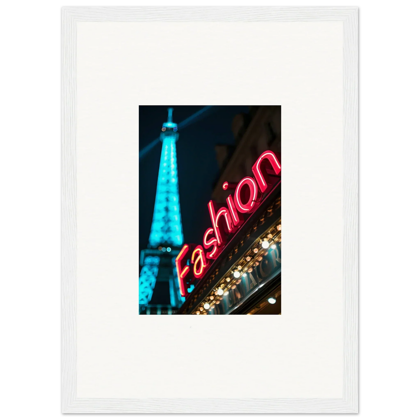 Framed canvas print of the Eiffel Tower and neon Fashion sign for trendy room decoration