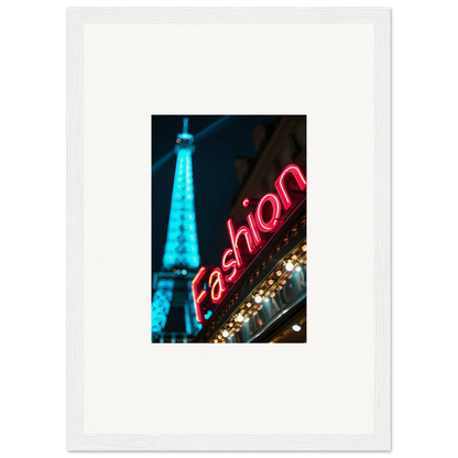 Framed canvas print of the Eiffel Tower and neon Fashion sign for trendy room decoration